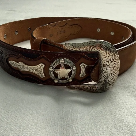 Justin Odessa Star Silver Texas Ranger Brown Leather Belt Vtg 1994 Size 36 - Picture 1 of 16